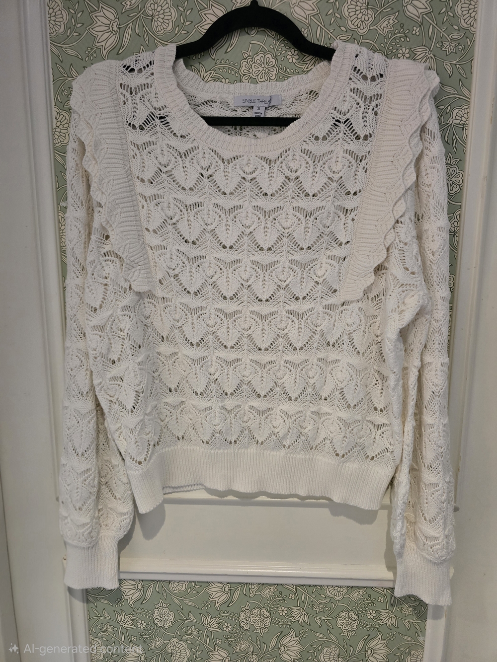 Single Thread Pointelle Cotton Ruffle Sweater - Picture 2 of 6